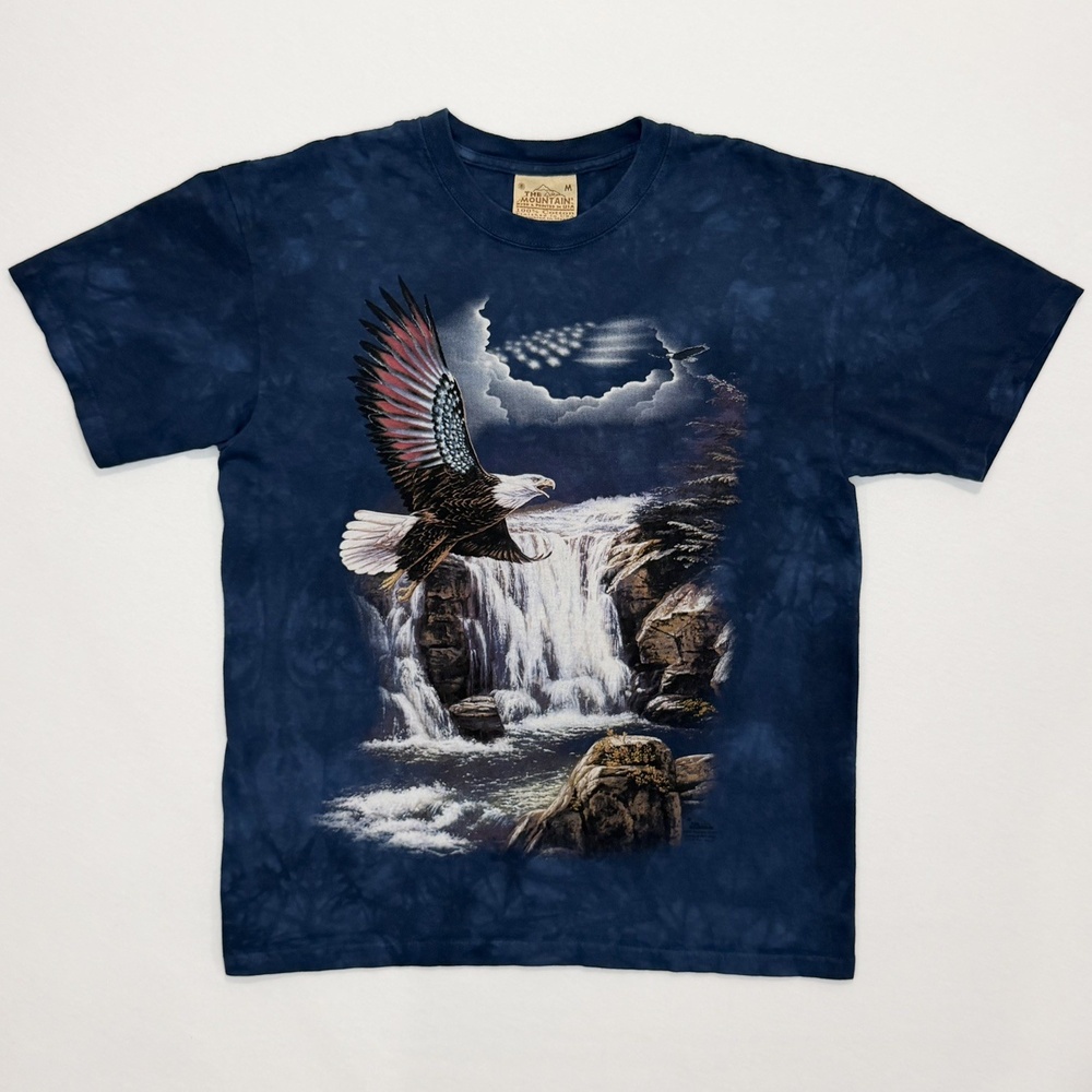 Vintage Y2K The Mountain Bald Eagle Blue T Shirt Water Fall USA Flag Sz Medium